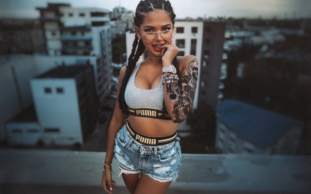 Tattooed rooftop cosplay brown eyes free wallpaper - medium preview image