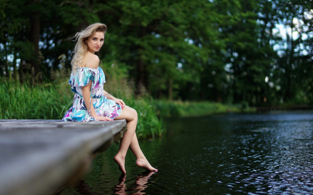Woman dock water trees barefoot free wallpaper - medium preview image