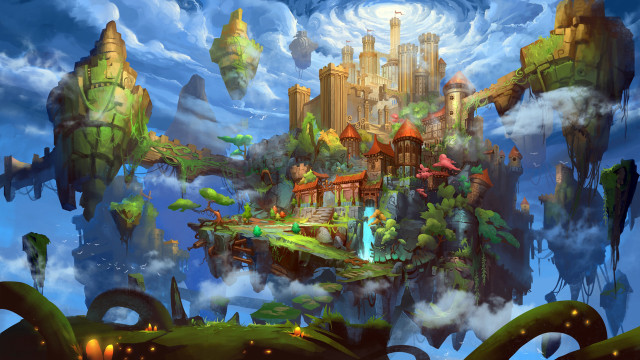 Castle floating island waterfall clouds free wallpaper - medium preview image