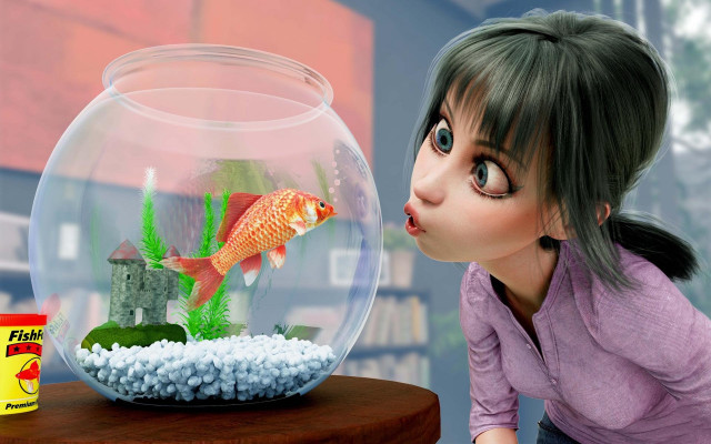 Woman fish bowl table blurry free wallpaper - medium preview image