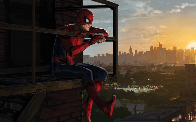 Spiderman sitting ledge city sunset free wallpaper - medium preview image
