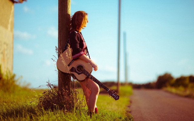 Woman guitar pole outdoors sunset free wallpaper - medium preview image