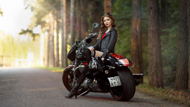 Woman motorcycle woods sunbeam portrait free wallpaper - medium preview image