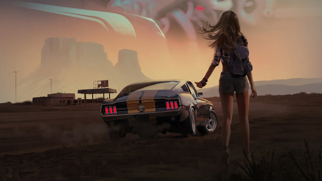 Desert retrofuturism woman car sunset free wallpaper - medium preview image