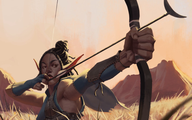 Woman archer mountains grass sunset free wallpaper - medium preview image