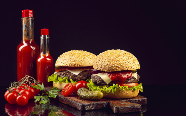 Hamburger tomatoes lettuce cheese sauces free wallpaper - medium preview image