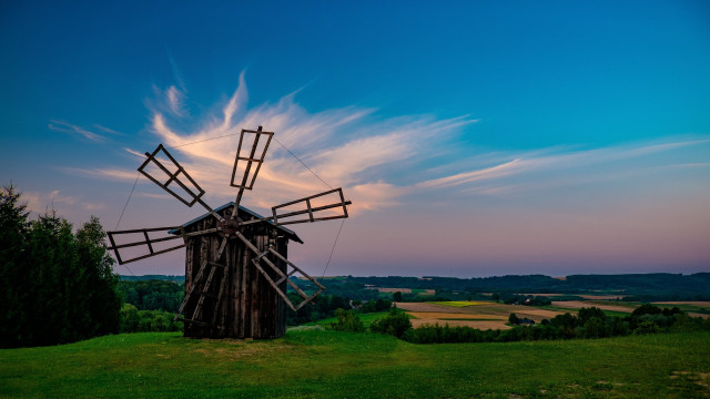 Windmill field sunset clouds blue free wallpaper - medium preview image