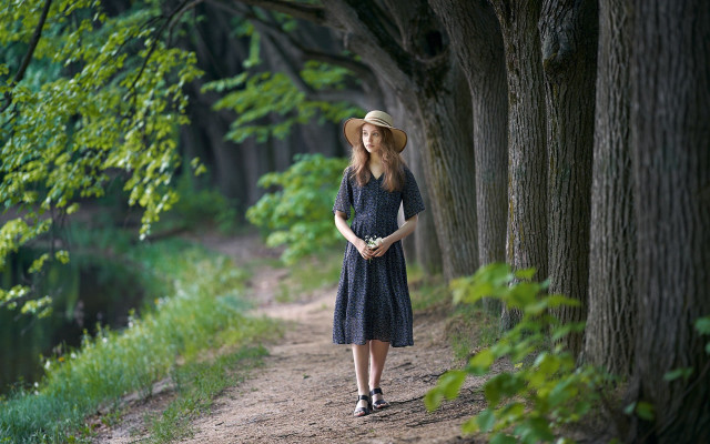 Woman hat dirt path forest free wallpaper - medium preview image