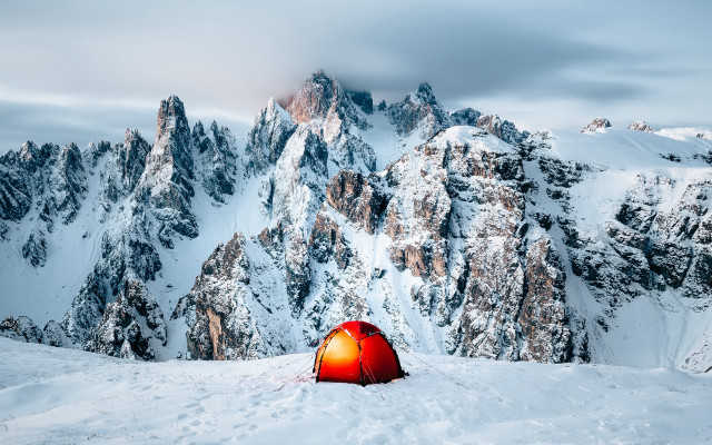 Tent snowy mountain view minimalism free wallpaper - medium preview image