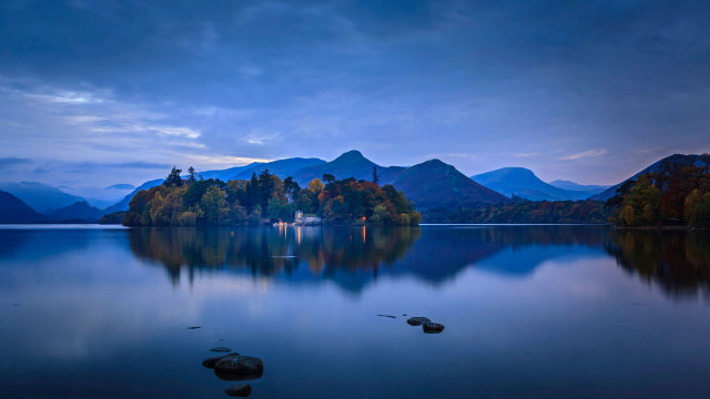 Lake island mountains night cloudy free wallpaper - medium preview image