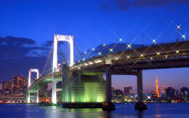 Bridge water lights city night free wallpaper - medium preview image