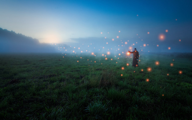 Man field lights fireflies mountains free wallpaper - medium preview image
