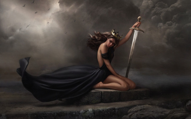 Woman black dress sword kneeling free wallpaper - medium preview image