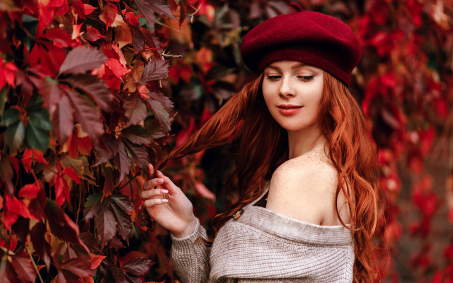 Red haired woman autumn impressionist free wallpaper for desktop - medium preview image