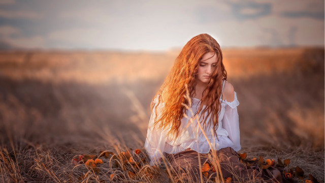 Woman red hair field autumn free wallpaper - medium preview image