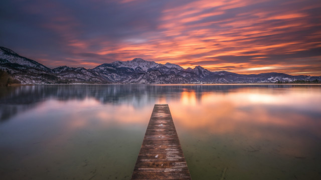 Long dock lake mountains sunset free wallpaper - medium preview image