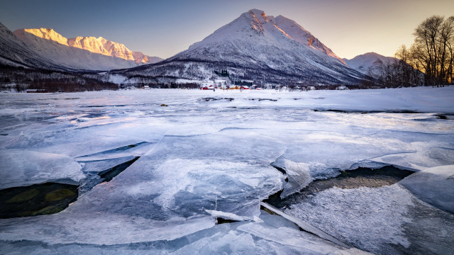 Frozen river mountains sunset cabin free wallpaper - medium preview image