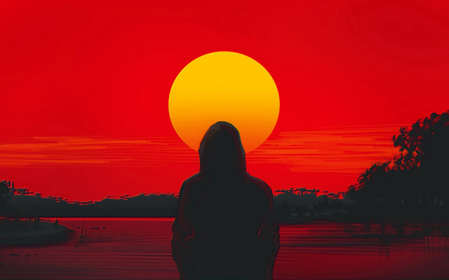 Sunset silhouette torii red moon free wallpaper - medium preview image