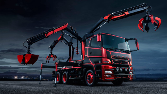 Red truck crane dark field free wallpaper - medium preview image