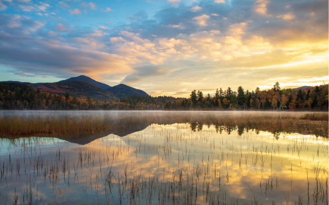 Lake mountain foggy sky trees free wallpaper - medium preview image