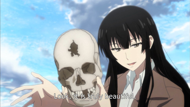 Girl holding skull sky background free wallpaper - medium preview image
