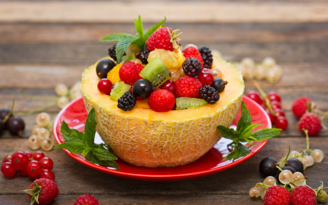 Fruit salad berries mint wooden free wallpaper - medium preview image