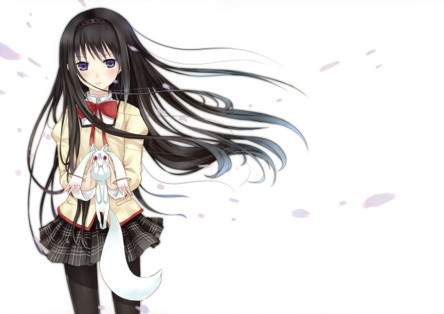 Girl black hair white cat free wallpaper - medium preview image