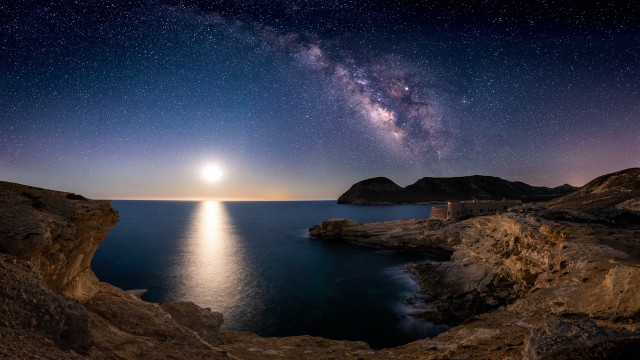 Ocean stars moon night cliff free wallpaper - medium preview image