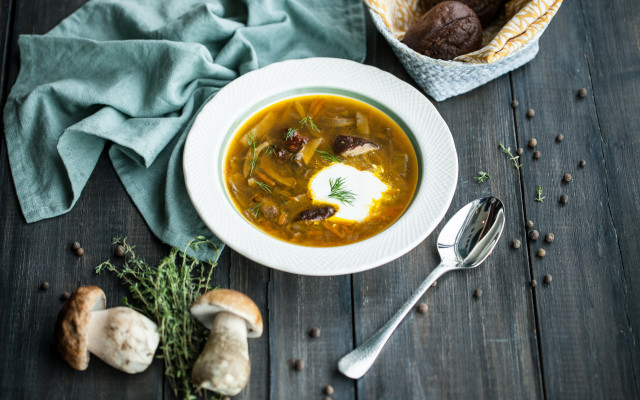 Soup bowl spoon mushrooms napkin free wallpaper - medium preview image