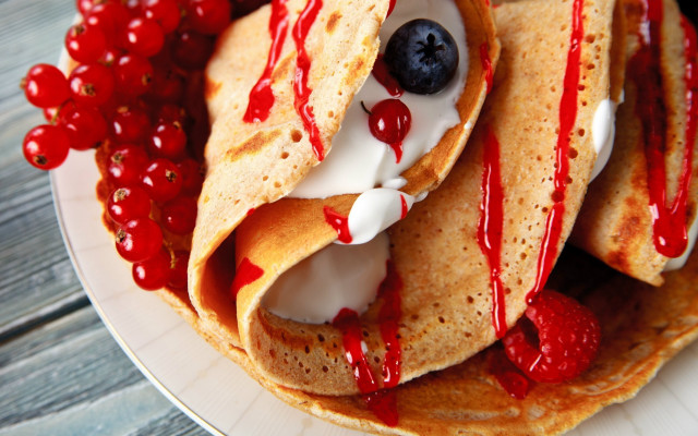 Pancakes berries cream syrup closeup free wallpaper - medium preview image