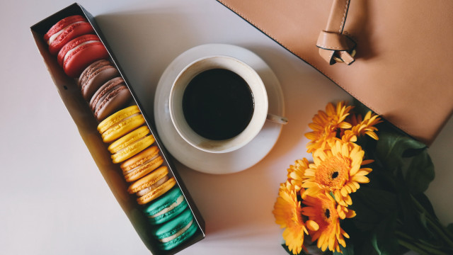 Macaroons coffee flower arrangement stilllife free wallpaper - medium preview image