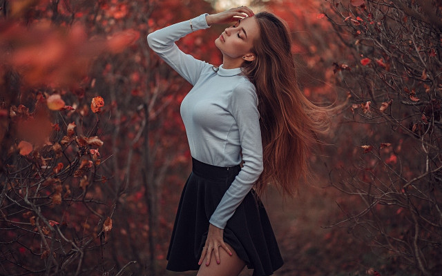 Woman forest autumn longhair sky free wallpaper - medium preview image