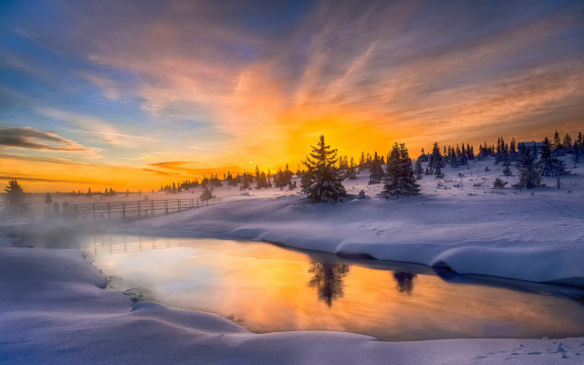 Sunset snowy landscape pond trees free wallpaper - medium preview image