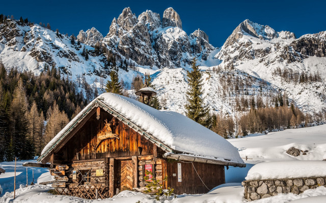 Snowy mountain cabin fantasy bridge free wallpaper - medium preview image