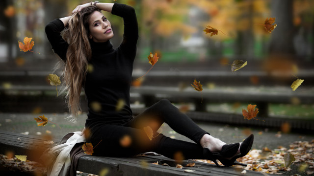 Woman sitting bench falling leaves free wallpaper - medium preview image