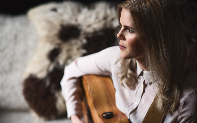 Woman guitar couch blonde bokeh free wallpaper - medium preview image