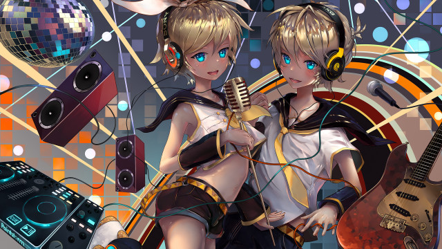 Anime girls headphones microphone disco free wallpaper - medium preview image