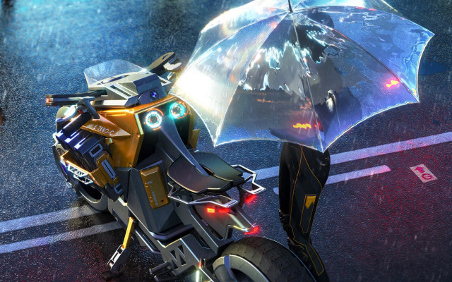 Cyberpunk motorcycle astronaut aurora city free wallpaper - medium preview image