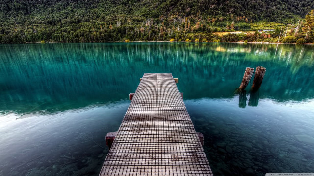 Dock mountain lake forest impressionist free wallpaper - medium preview image