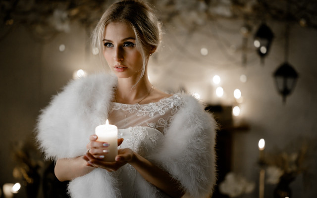 Woman white dress candle feather free wallpaper - medium preview image