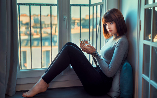 Woman sitting window wine artnouveau free wallpaper - medium preview image