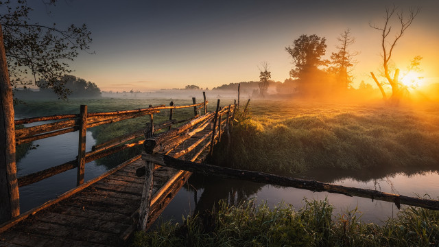 Wooden bridge river sunset fog free wallpaper - medium preview image