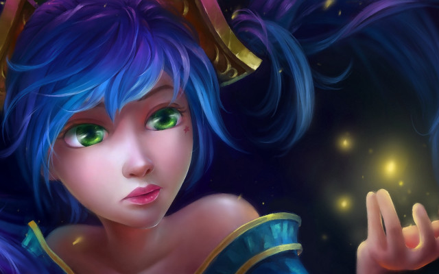 Sona blue hair green eyes free wallpaper - medium preview image