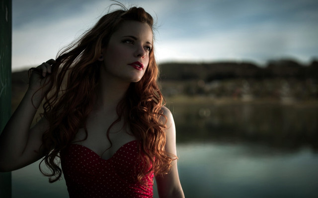 Red haired woman lake dress free wallpaper - medium preview image