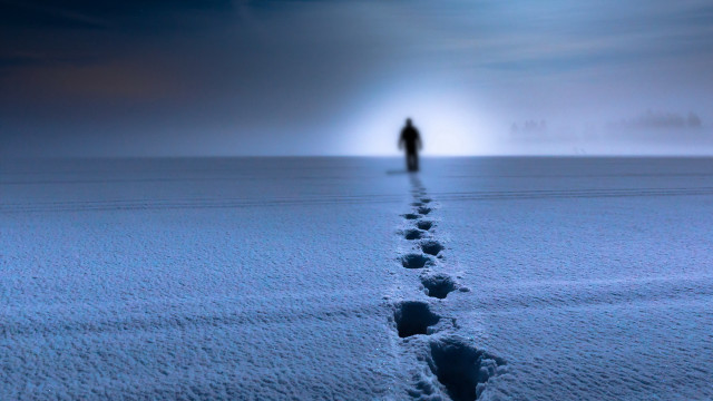 Lone walker snow field footprints free wallpaper - medium preview image