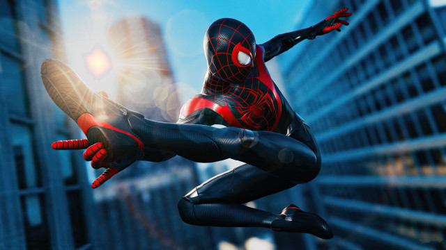 Spiderman flying city skyscrapers bright free wallpaper - medium preview image