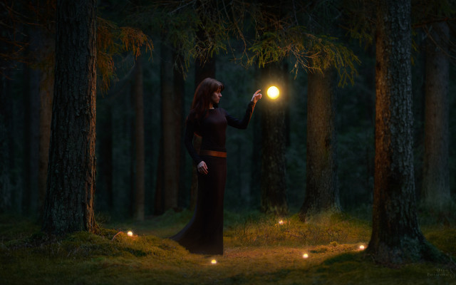 Woman forest moonlight magic fireflies free wallpaper - medium preview image
