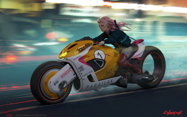 Woman motorcycle night cyberpunk artist free wallpaper - medium preview image
