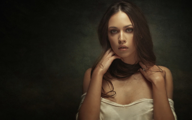Woman white dress hands head free wallpaper - medium preview image