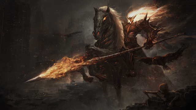 Fire breathing horseman embers sky free wallpaper - medium preview image